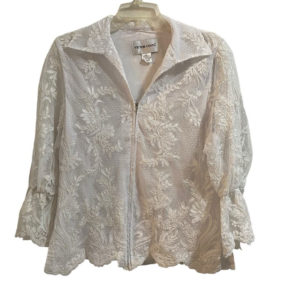 Vintage VICTOR COSTA Sz 6 White Floral Lace Pattern Blouse Zip Up Clean Girl